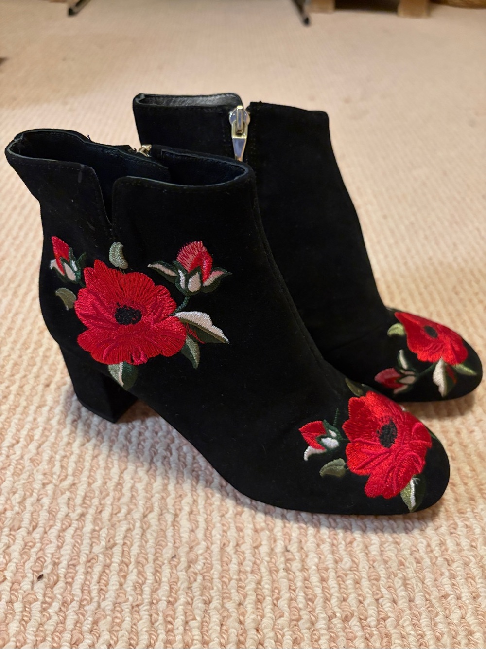 kate spade Black Suede Ankle Boots with Red Floral Embroidery